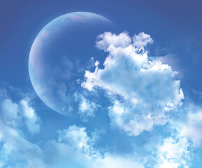 Naklejka na ściany i meble fantastic blue sky, white clouds and translucent planet. 3d render