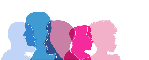 Group side silhouette men and women of different culture