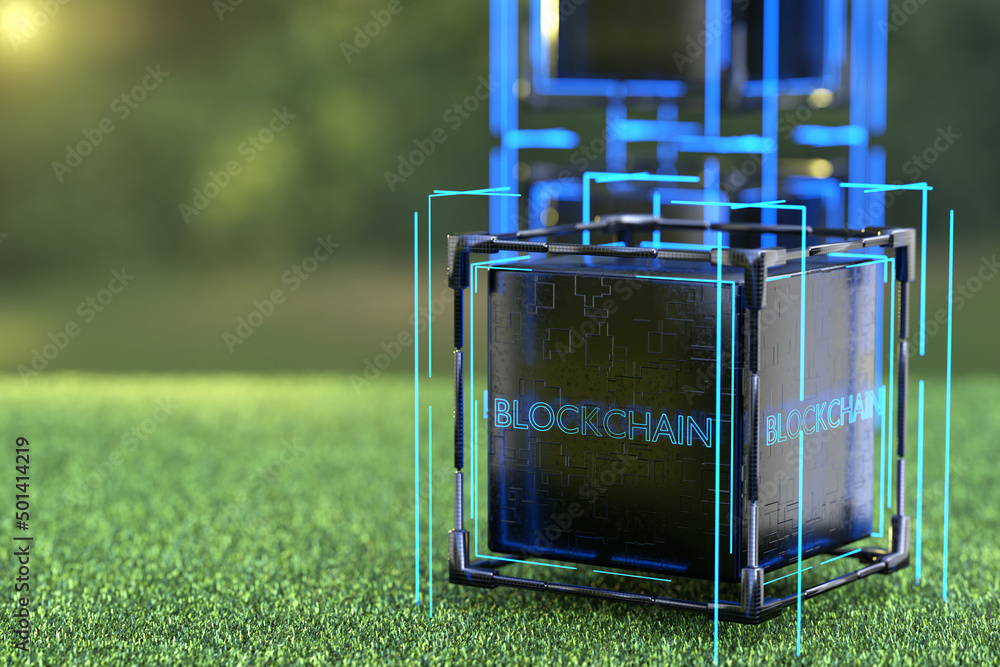 Poster the concept of using blockchain technology with renewable energy. eco-crypto and ico concept. 3d ren