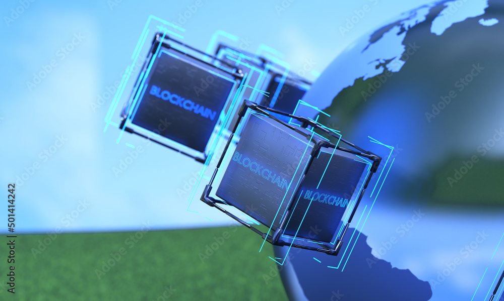 Poster theeco-crypto and ico concept. concept of using blockchain technology with renewable energy. 3d rend