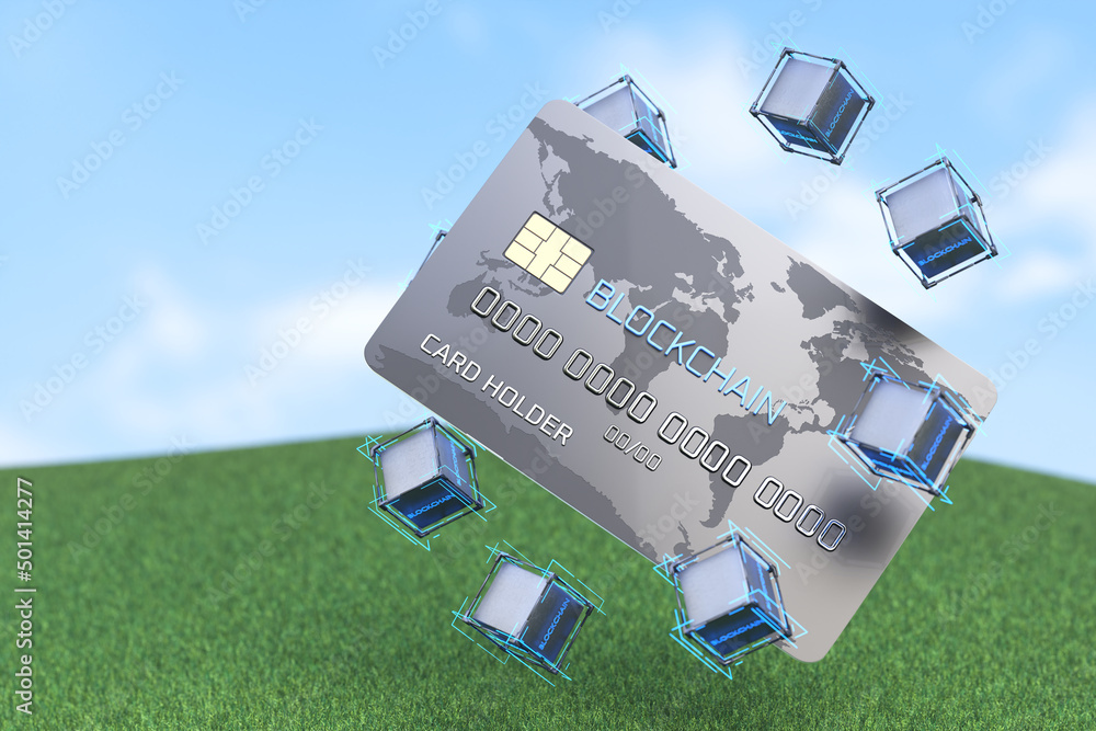 Poster credit card with blockchain inscription. the concept of using blockchain technology with renewable e