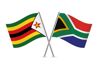 Zimbabwe and South Africa crossed flags. Zimbabwean and South African flags on white background. Vector icon set. Vector illustration.