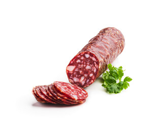 Sliced salami isolated on white background
