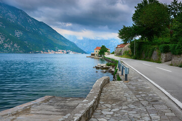 View of a beautiful asphalt road along the Bay of Kotor.Montenegro, Bay of Kotor.