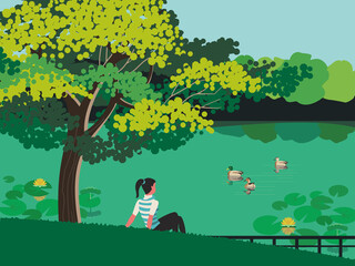 Girl relaxing near urban garden pond vector poster. Green summer town park nature background. Ducks floating on lake. City natural parkland leisure rest and fun cozy place hand drawn illustration