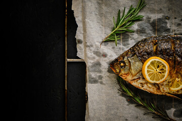 Fish baked in oven with lemon and rosemary on parchment paper, laid out on grate dark background.
