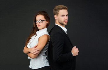 boss and employee. corporate colleague experts. man and woman in glasses.