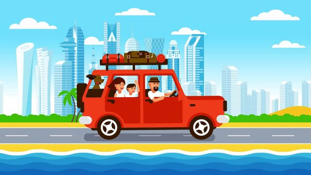Family car drives on arabian city skyscrapers background. Family traveling in Qatar. Looped animation.