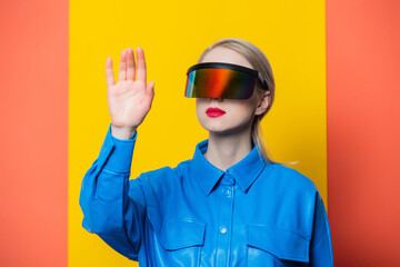Stylish woman in blue shirt and VR glasses on yellow background