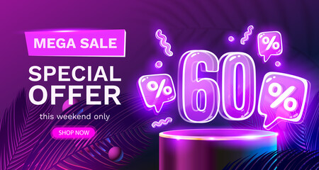Fototapeta na wymiar Mega sale special offer, Neon 60 off sale banner. Sign board promotion. Vector
