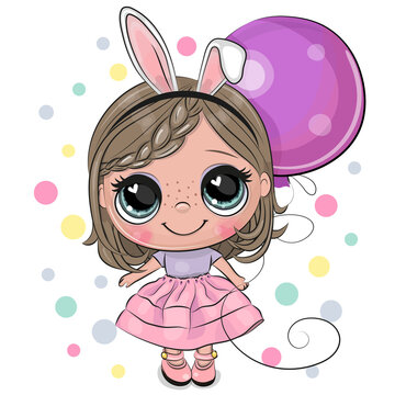Cute Cartoon Girl with Balloon