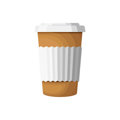Coffee to go paper cup flat illustration. Brown take away coffee cup with white holder. Isolated 