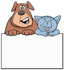 cartoon cat and dog with blank card graphic design