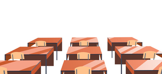 Empty school class room with table set. Educational concept classroom interior element. Training room illustration for advertising, web or internet promotion