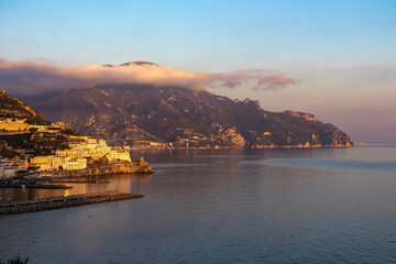 Scenic view during sunset at the coastal village of Amalfi at the Mediterranean Sea in Campania,...