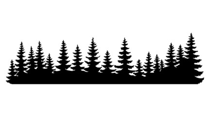 Obraz premium Fir trees silhouettes. Coniferous or spruce forest horizontal background pattern, black pine woods vector illustration. Beautiful hand drawn coniferous panorama