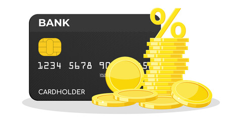 Bank plastic card with coins, flat vector illustration. Interest rate on deposits or loans. Cash back service concept.