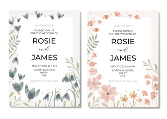 Botanical wedding invitation cards template design, blue and pink wildflowers and green leaves with frame on light beige background, pastel vintage theme