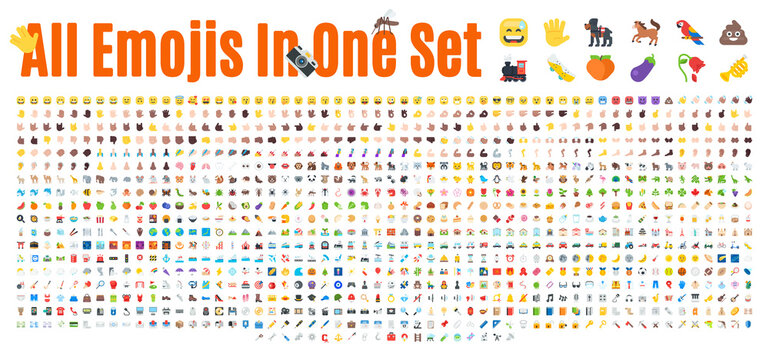 All Emoticons in One Big Set. Emoji Vector Set. Transport, Sport, Nature, People and Food Icon Set