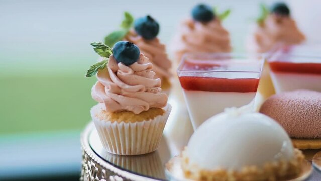 Sweet buffet with delicious desserts. Enjoy confectionery. Freshly baked sponge cakes are decorated with curls of delicate cream and fresh blueberries. Gourmet cakes on holiday table.Sweets with sugar