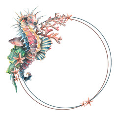 Watercolor illustration of a round frame with marine life. Seahorse, seashells, corals, stars. For decoration, design, poster, postcard, invitation, prints, menu.