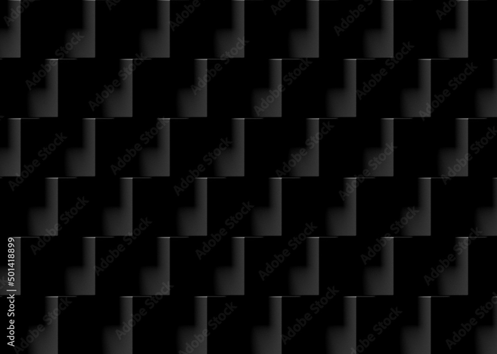 Poster dark abstract background made of stacked black cubes. 2d rendering