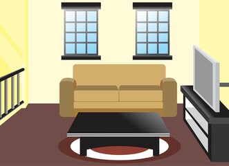 Living room interior design with two windows in the back walls comfortable couch table floor mat modern television bench with shelf simple and elegant lifestyle handrail opposite side vector 