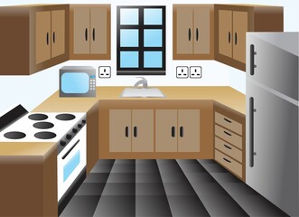 Kitchen classical interior design with metallic stove fridge and microwave appliances also a sink in the middle with storage spaces all around window and ceramic floor vector illustration