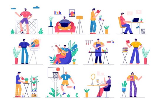 Modern people playing guitar, read book, gardening, gaming, blogging, podcasting . Set of man and woman enjoying their hobbies, work, leisure. Vector illustration in flat cartoon style.