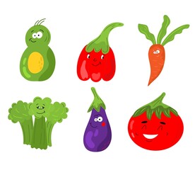 Set of different cute happy vegetable and fruit kawaii characters. Colorful design for cards, banners, printed materials. Funny doodle style emoticons. Flat icons of: pepper, carrot, tomato, avocado
