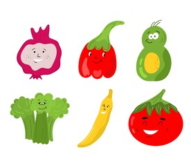 Set of different cute happy vegetable and fruit kawaii characters. Colorful design for cards, banners, printed materials. Funny doodle style emoticons. Flat icons of: pepper, banana, tomato, avocado