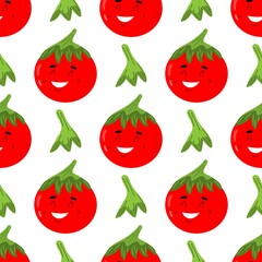 Seamless pattern of tomato, cute happy vegetable kawaii characters. Colorful design for cards, banners, printed materials. Funny doodle style emoticons. Flat icon