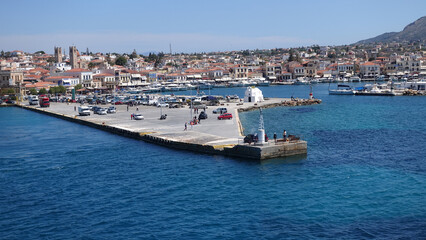 Fototapeta na wymiar Aegina island port as seen from a passenger ferry, Saronic gulf, Greece