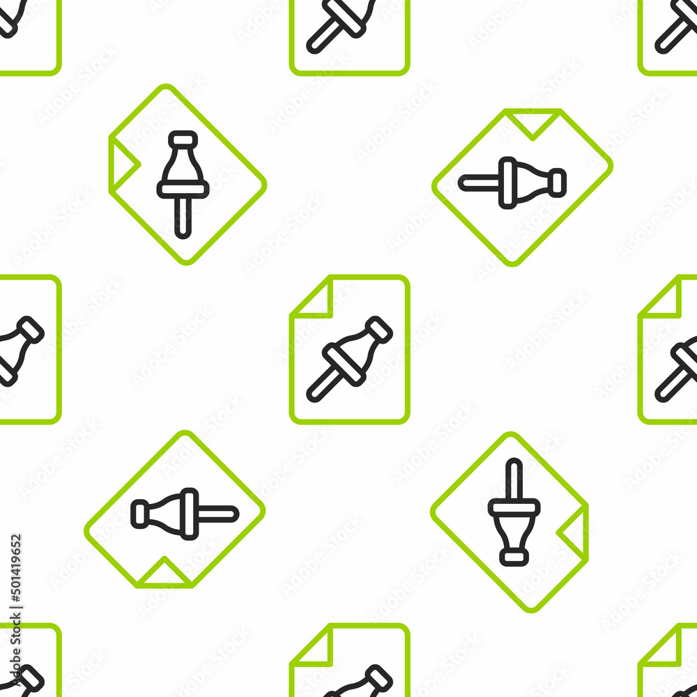 Poster line note paper with pinned pushbutton icon isolated seamless pattern on white background. memo pape