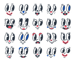 Retro cartoon funny faces, 30s comic caricature mascot emotions. Comic book characters with cute smiling mouths and eyes vector symbols illustrations set. Cartoon faces collection © GreenSkyStudio