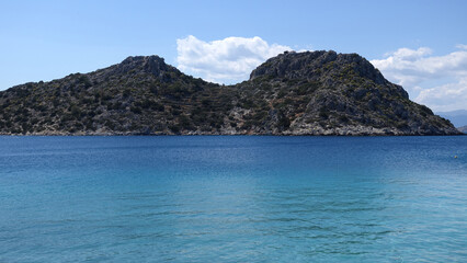 Fototapeta na wymiar Paradise bay and small port with turquoise beach of Aponisos in island of Agistri, Saronic Gulf, Greece