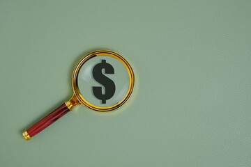 Dollar symbol under a magnifying glass, on a green background.