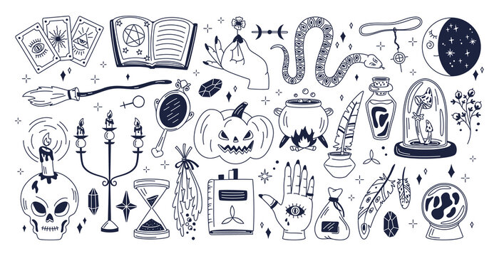 Esoteric witchcraft halloween patches, magic holiday elements. Spooky mystical stickers, snake, spider, pumpkin and knife vector symbols illustrations set. Doodle halloween collection
