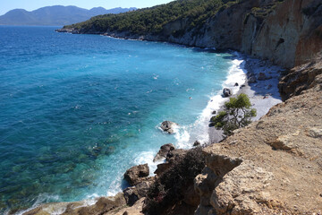 Famous crystal clear beach of Halikiada in island of Agistri, Saronic gulf, Greece