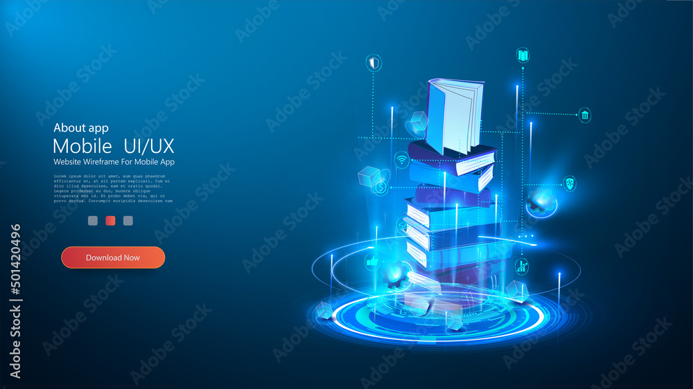 Fototapete Futuristic projection of a stack of books. The concept of online e-learning of innovative knowledge. Concept of e-learning technology. Vector illustration