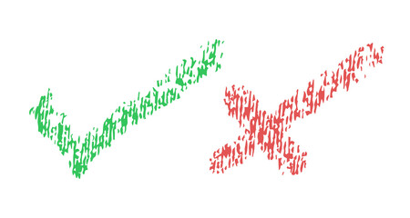 Do and Don't icons. Vector elements, chalk texture. Green check mark and red cross, used to indicate rules of conduct or response versions.