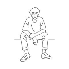 Fototapeta na wymiar Young man sitting and smiling in minimal cartoon style