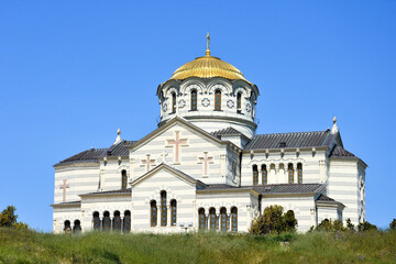 Fototapeta na wymiar Vladimir Cathedral in Chersonesos - the Orthodox Church of the Moscow Patriarchate on the territory of Tauric Chersonesos