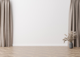 Fototapeta na wymiar Empty room, white wall and parquet floor. Only wall, floor and vase with pampas grass. Mock up interior. Free, copy space for your furniture, picture and other objects. 3D rendering.