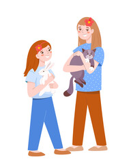 Two smiling cute sister girls hold rabbit and cat in their arms. Family child portrait with pets. Flat vector illustration isolated on white background. 