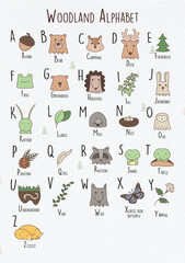 Woodland alphabet for children with forest animals. Poster - obrazy, fototapety, plakaty
