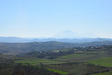 Obraz premium Panorama from the city of Belsh, Albania. Mountain, sky