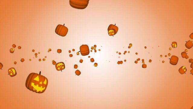 4K 3D halloween pumpkin falling loop animation background. Green screen. Thanksgiving Day or Halloween on orange background. Autumn harvest. terror and horror concept. halloween celebration concept.