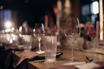 shining glasses in the wedding festive table setting side view