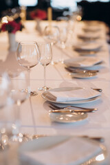 shining glasses in the wedding festive table setting side view